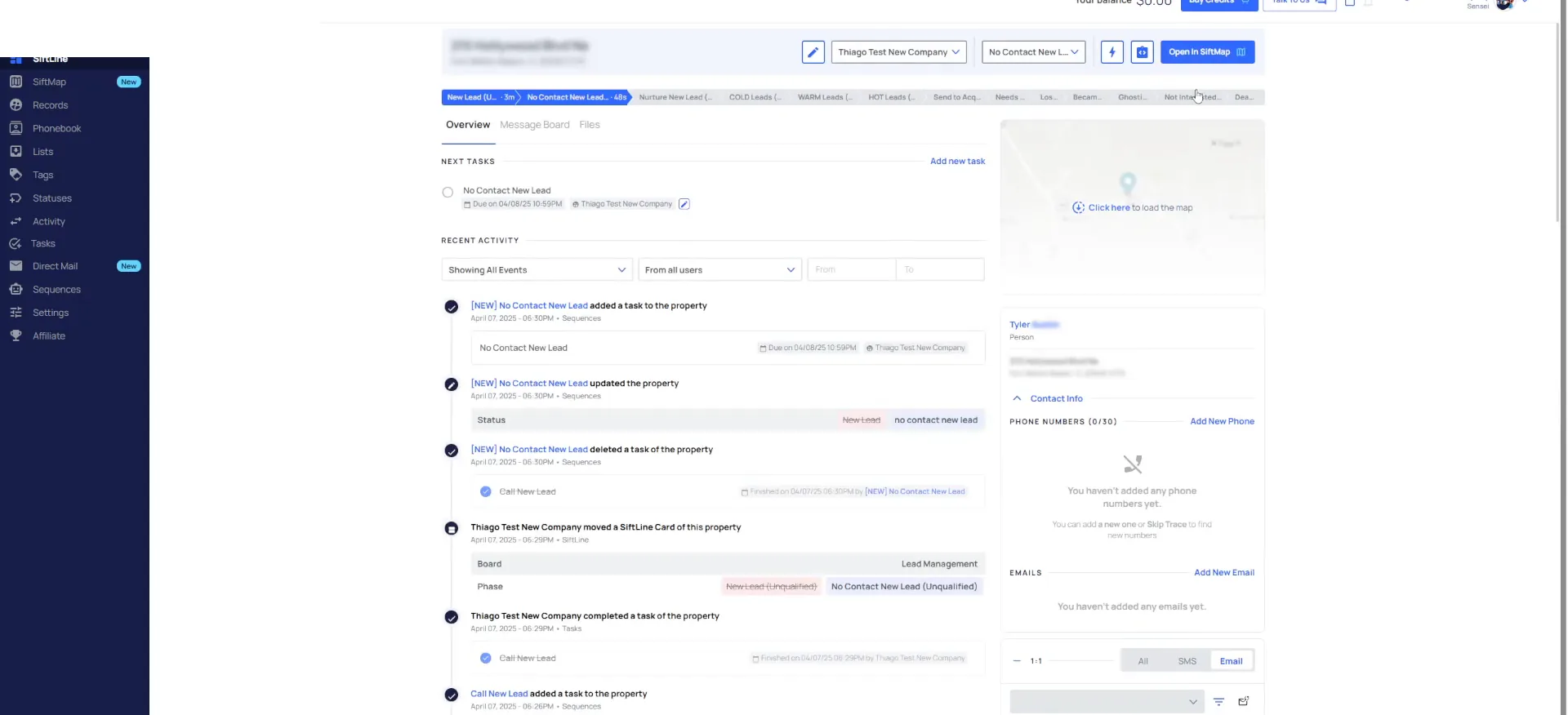 Full record view with tasks, phase pipeline tabs, activity log, and contact info panel.
