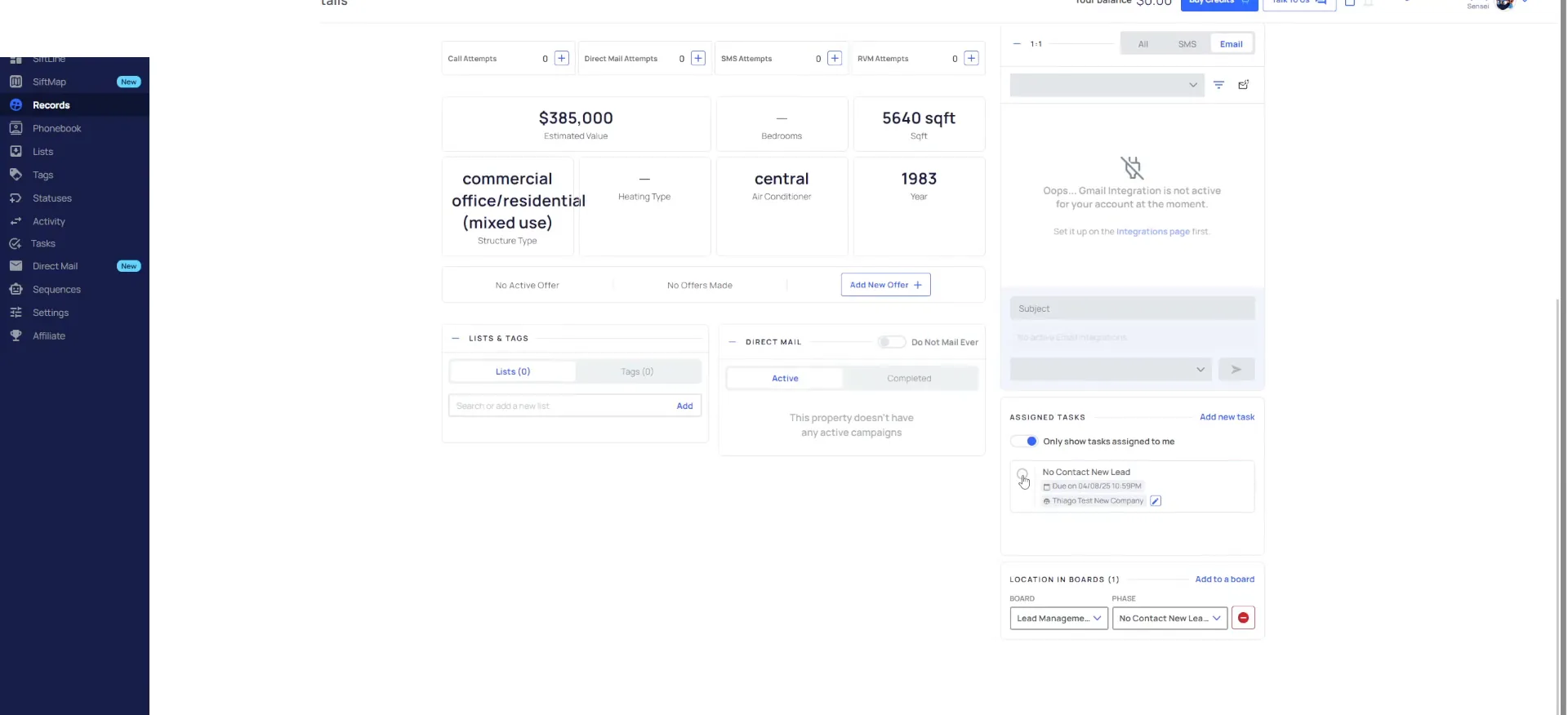Property record page with assigned tasks panel listing a No Contact New Lead task.