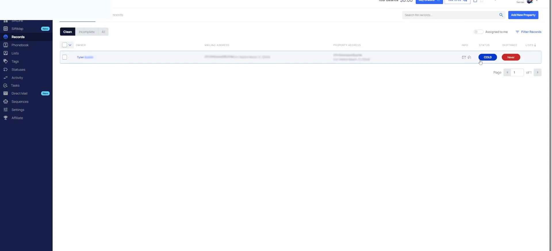 Records list showing one owner with a blue COLD status badge, filter cleared.